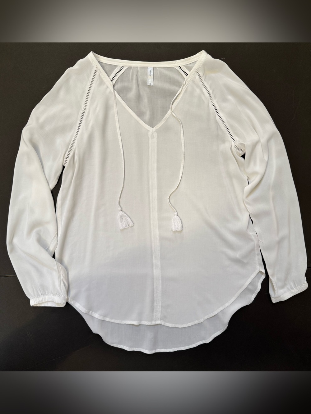 Gap Body Boho Long Sleeve V-Neck White Tunic w/Tassels & Hemstitch Detailing